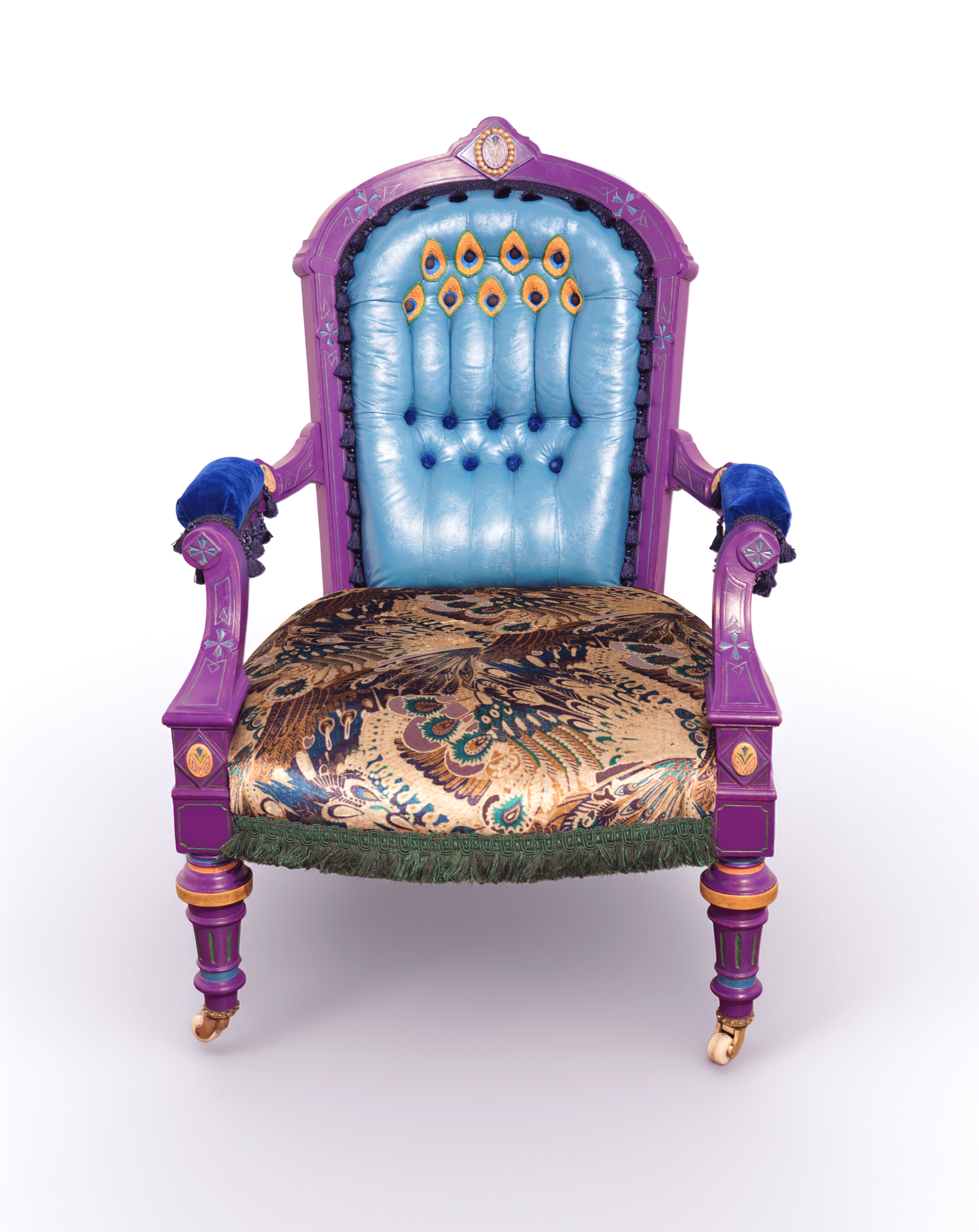 Peacock Chair by Holly Kay Parsons — front view, colourful sculptural chair with transformed surface
